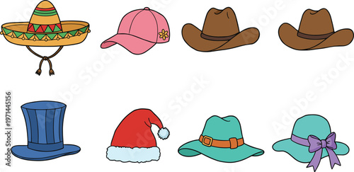Cartoon vector illustration collection of various colorful hats including cowboy, Santa, top hat, fashion cap, and festive headwear