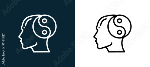 Two-color balance outline icon pair in black and white, editable stroke vector illustration for web, mobile apps, UI design, branding, and print from human mind