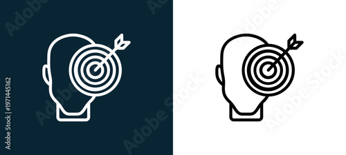 Two-color target outline icon pair in black and white, editable stroke vector illustration for web, mobile apps, UI design, branding, and print from human mind