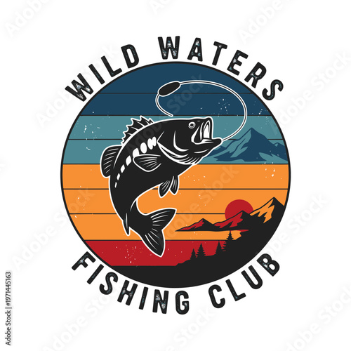 Wild Waters Fishing Club Vintage Retro Sunset Bass Fish Jumping Logo