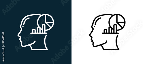 Two-color analytics outline icon pair in black and white, editable stroke vector illustration for web, mobile apps, UI design, branding, and print from human mind