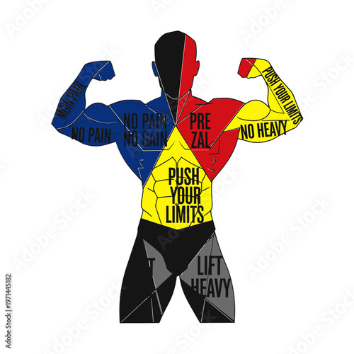 Anatomical Illustration of a Muscular Male Bodybuilder with Motivational Text Inscriptions