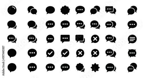 Chat, messaging, speech bubble icons, 40 black vector symbols, communication signs