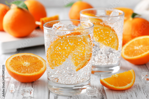 Beverages with orange slices and ice on a wooden table