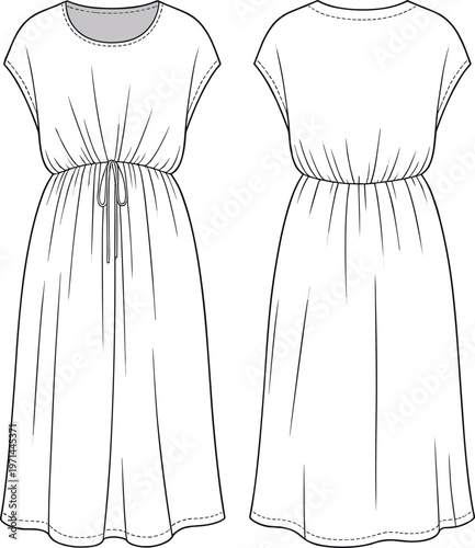 Casual midi dress front and back technical flat sketch, cinched waist with drawstring, vector fashion cad drawing, sewing illustration