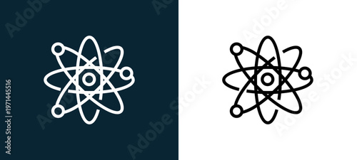 Two-color atom outline icon pair in black and white, editable stroke vector illustration for web, mobile apps, UI design, branding, and print from science