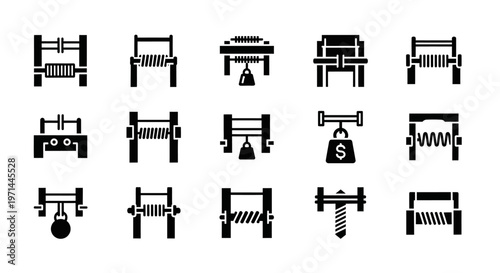 Industrial spring compressor icons, black and white vector graphics, mechanical symbols, 16 illustration set