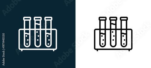 Two-color test tubes outline icon pair in black and white, editable stroke vector illustration for web, mobile apps, UI design, branding, and print from science