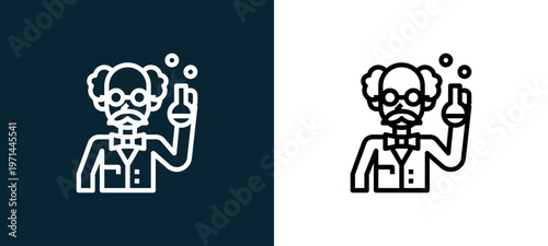 Two-color scientist outline icon pair in black and white, editable stroke vector illustration for web, mobile apps, UI design, branding, and print from science