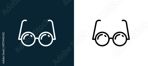 Two-color glasses outline icon pair in black and white, editable stroke vector illustration for web, mobile apps, UI design, branding, and print from science