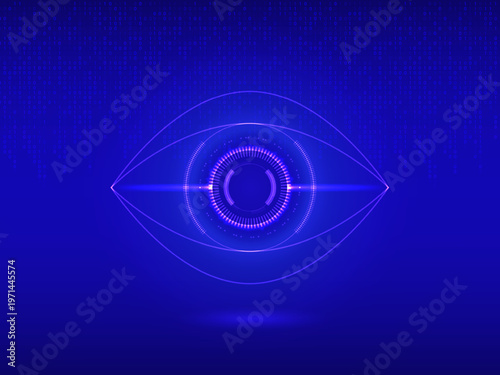 Advanced biometric iris scan vector concept, high security eye recognition system with glowing scanning laser and mechanical gear elements on blue background.