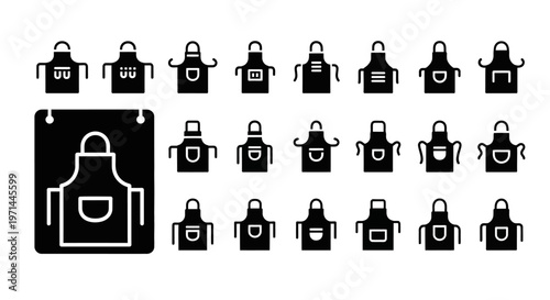 Apron icons, black and white apron symbols, kitchen apron graphics, 20 apron illustrations, vector set
