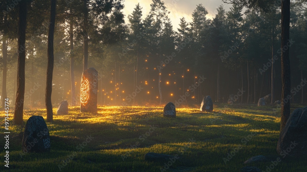 Fototapeta premium Mystical Forest Glade: Ancient Stones, Glowing Runes, and Ethereal Light