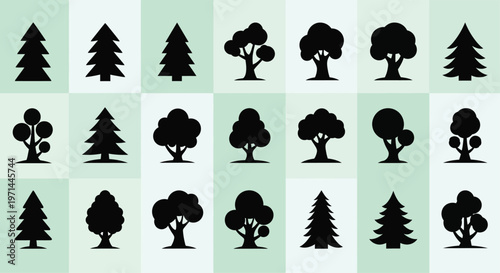 Collection of black tree in various shapes and sizes on a light green and white checkered background
