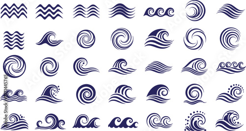 Ocean wave icons collection stylized water movement design vector illustration blue shapes isolated art sea surf pattern graphic