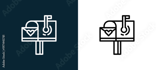 Two-color mail box outline icon pair in black and white, editable stroke vector illustration for web, mobile apps, UI design, branding, and print from love