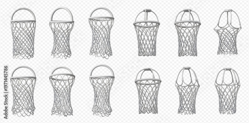 Set of hand-drawn basketball nets with various designs and styles, isolated on transparent background.