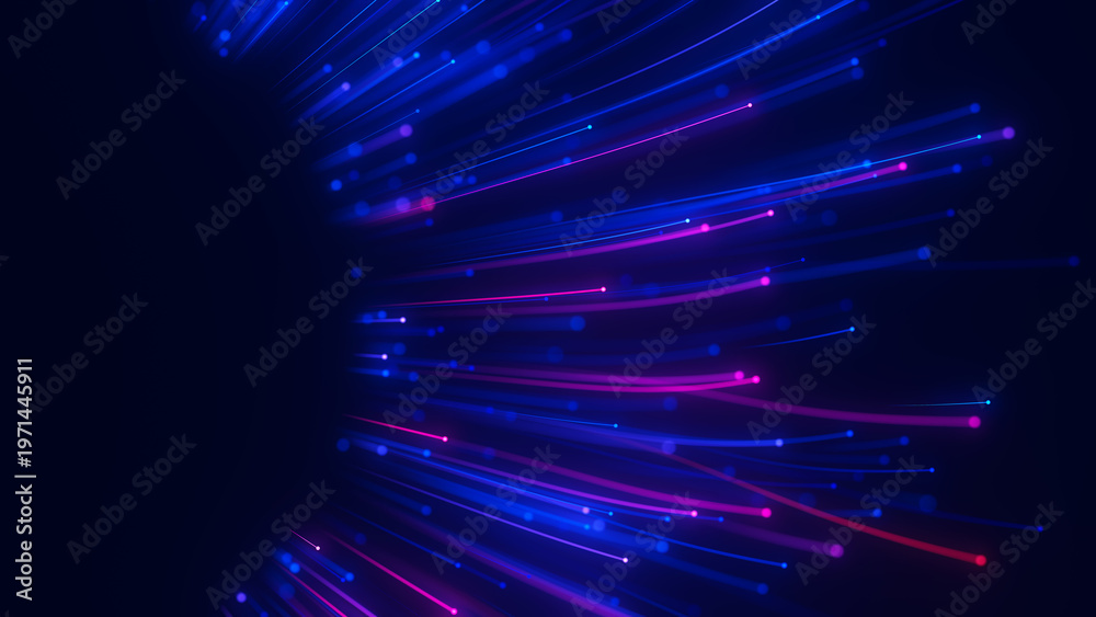 Fototapeta premium Closeup of Big data light speed flow outwards left side. Abstract digital data stream of quantum computing. Cyberspace of qubit trail waves. Modern tech information transmission. Ai neural network