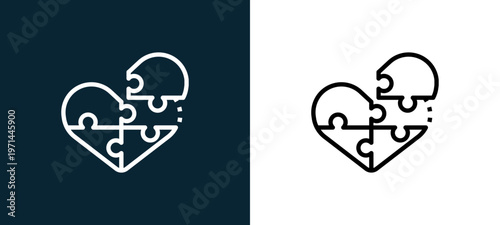 Two-color jigsaw outline icon pair in black and white, editable stroke vector illustration for web, mobile apps, UI design, branding, and print from love
