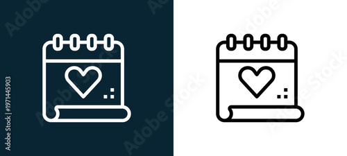 Two-color calendar outline icon pair in black and white, editable stroke vector illustration for web, mobile apps, UI design, branding, and print from love