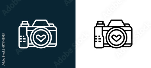 Two-color camera outline icon pair in black and white, editable stroke vector illustration for web, mobile apps, UI design, branding, and print from love
