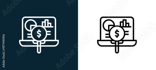 Two-color analytic outline icon pair in black and white, editable stroke vector illustration for web, mobile apps, UI design, branding, and print from finance