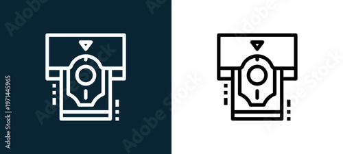 Two-color atm outline icon pair in black and white, editable stroke vector illustration for web, mobile apps, UI design, branding, and print from finance