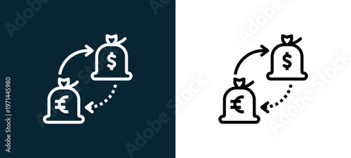 Two-color money bag outline icon pair in black and white, editable stroke vector illustration for web, mobile apps, UI design, branding, and print from finance