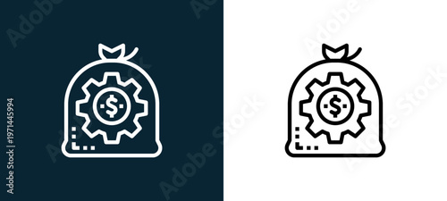 Two-color money bag outline icon pair in black and white, editable stroke vector illustration for web, mobile apps, UI design, branding, and print from finance