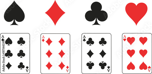 Playing card symbols and ace cards vector illustration set displaying four classic suits for casino games and gambling design
