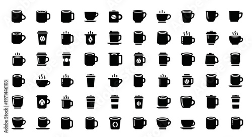 Coffee cup icons, black coffee mugs, vector set of 40 coffee symbols, caffeine cup graphics