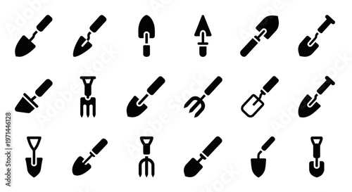 Gardening tool icons, garden equipment symbols, 20 black silhouette graphics, gardening tools set, vector icons