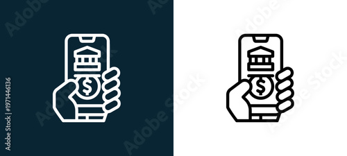 Two-color bank outline icon pair in black and white, editable stroke vector illustration for web, mobile apps, UI design, branding, and print from finance