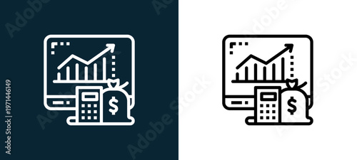 Two-color investment outline icon pair in black and white, editable stroke vector illustration for web, mobile apps, UI design, branding, and print from finance