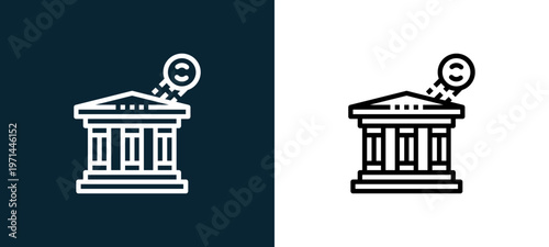 Two-color bank outline icon pair in black and white, editable stroke vector illustration for web, mobile apps, UI design, branding, and print from finance