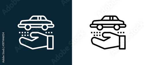 Two-color car outline icon pair in black and white, editable stroke vector illustration for web, mobile apps, UI design, branding, and print from finance