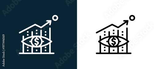 Two-color vision outline icon pair in black and white, editable stroke vector illustration for web, mobile apps, UI design, branding, and print from finance