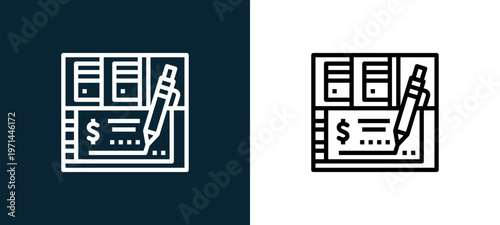 Two-color checkbook outline icon pair in black and white, editable stroke vector illustration for web, mobile apps, UI design, branding, and print from finance