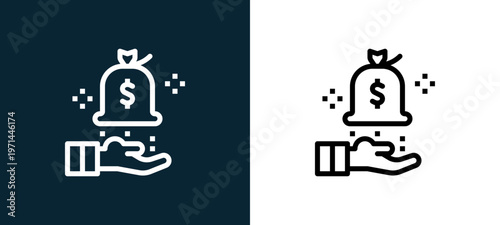 Two-color money bag outline icon pair in black and white, editable stroke vector illustration for web, mobile apps, UI design, branding, and print from finance