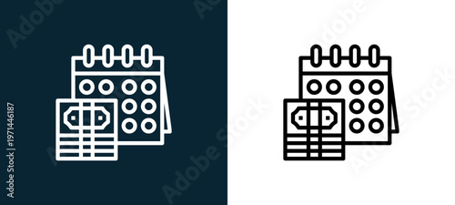 Two-color calendar outline icon pair in black and white, editable stroke vector illustration for web, mobile apps, UI design, branding, and print from finance