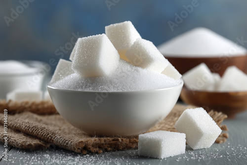Sugar cubes stacked in a bowl on a wooden surface in a kitchen