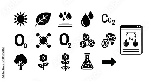 Eco friendly icons, green technology symbols, sustainable energy signs, environmental science illustrations, 13 vector graphics