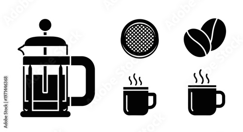 Coffee, French Press, Icon Set, Black, Vector Graphics, 4 Elements, Coffee Shop, Cafe, Beverage Illustration