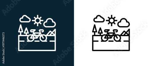 Two-color road outline icon pair in black and white, editable stroke vector illustration for web, mobile apps, UI design, branding, and print from bicycle