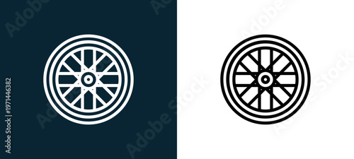 Two-color wheel outline icon pair in black and white, editable stroke vector illustration for web, mobile apps, UI design, branding, and print from bicycle