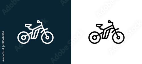 Two-color bicycle outline icon pair in black and white, editable stroke vector illustration for web, mobile apps, UI design, branding, and print from bicycle