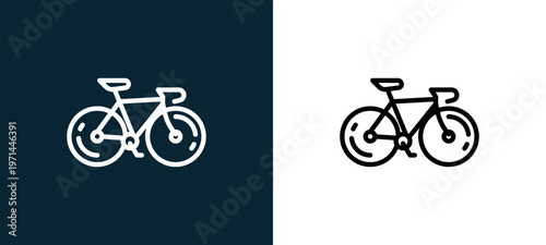 Two-color bicycle outline icon pair in black and white, editable stroke vector illustration for web, mobile apps, UI design, branding, and print from bicycle