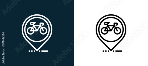 Two-color pin outline icon pair in black and white, editable stroke vector illustration for web, mobile apps, UI design, branding, and print from bicycle