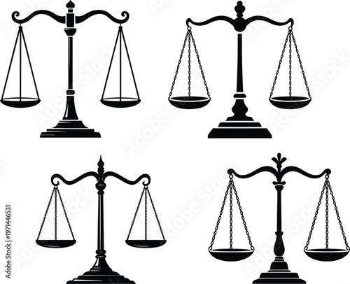 Justice scales icons set, law balance symbols, legal equality concept silhouette vector illustration collection