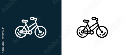 Two-color bicycle outline icon pair in black and white, editable stroke vector illustration for web, mobile apps, UI design, branding, and print from bicycle